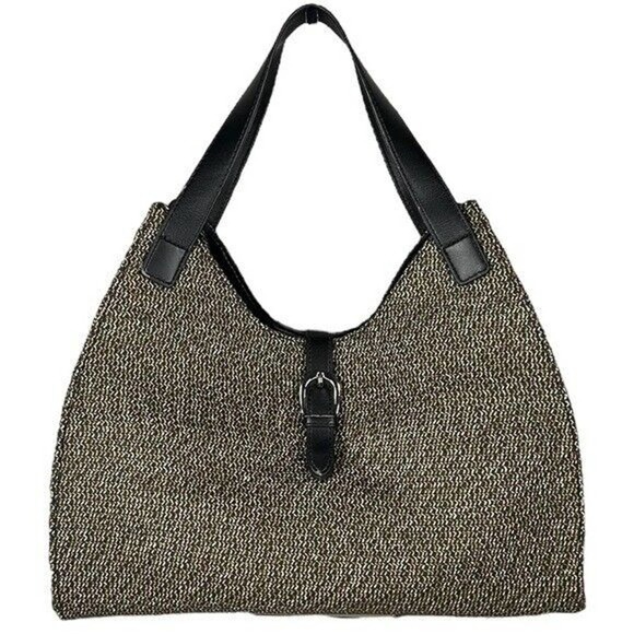 Talbots Handbags - Talbots Black & Gold Paper Straw With Vegan Leather Trim Hobo Med Shoulder Bag
